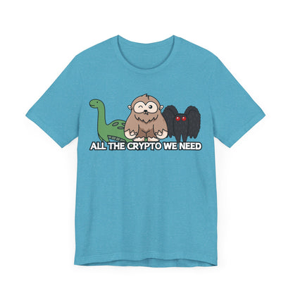 All the Crypto We Need T-Shirt in Heather Aqua, Front View - Cryptid Collection