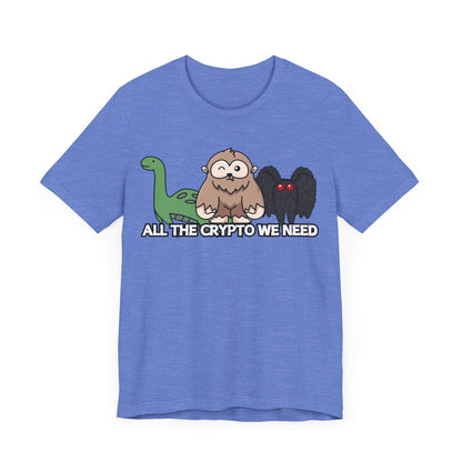 All the Crypto We Need T-Shirt in Heather Columbia Blue, Front View - Cryptid Collection