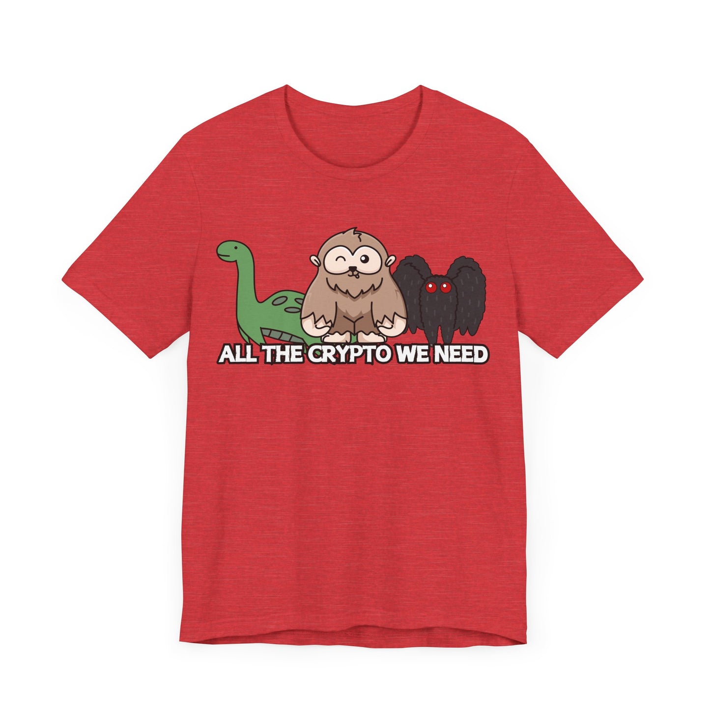 All the Crypto We Need T-Shirt in Heather Red, Front View - Cryptid Collection