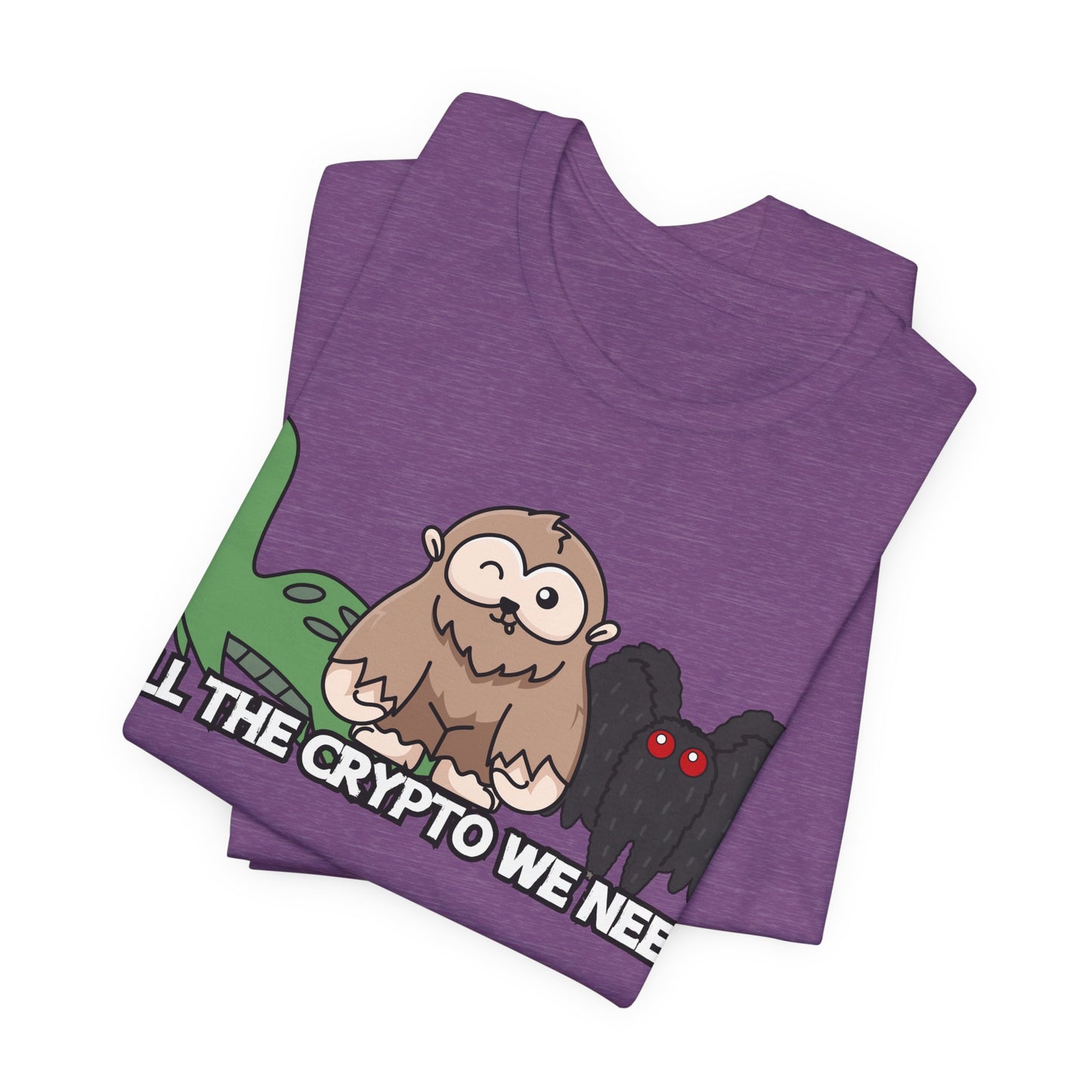 All the Crypto We Need T-Shirt in Heather Team Purple, Folded View - Cryptid Collection