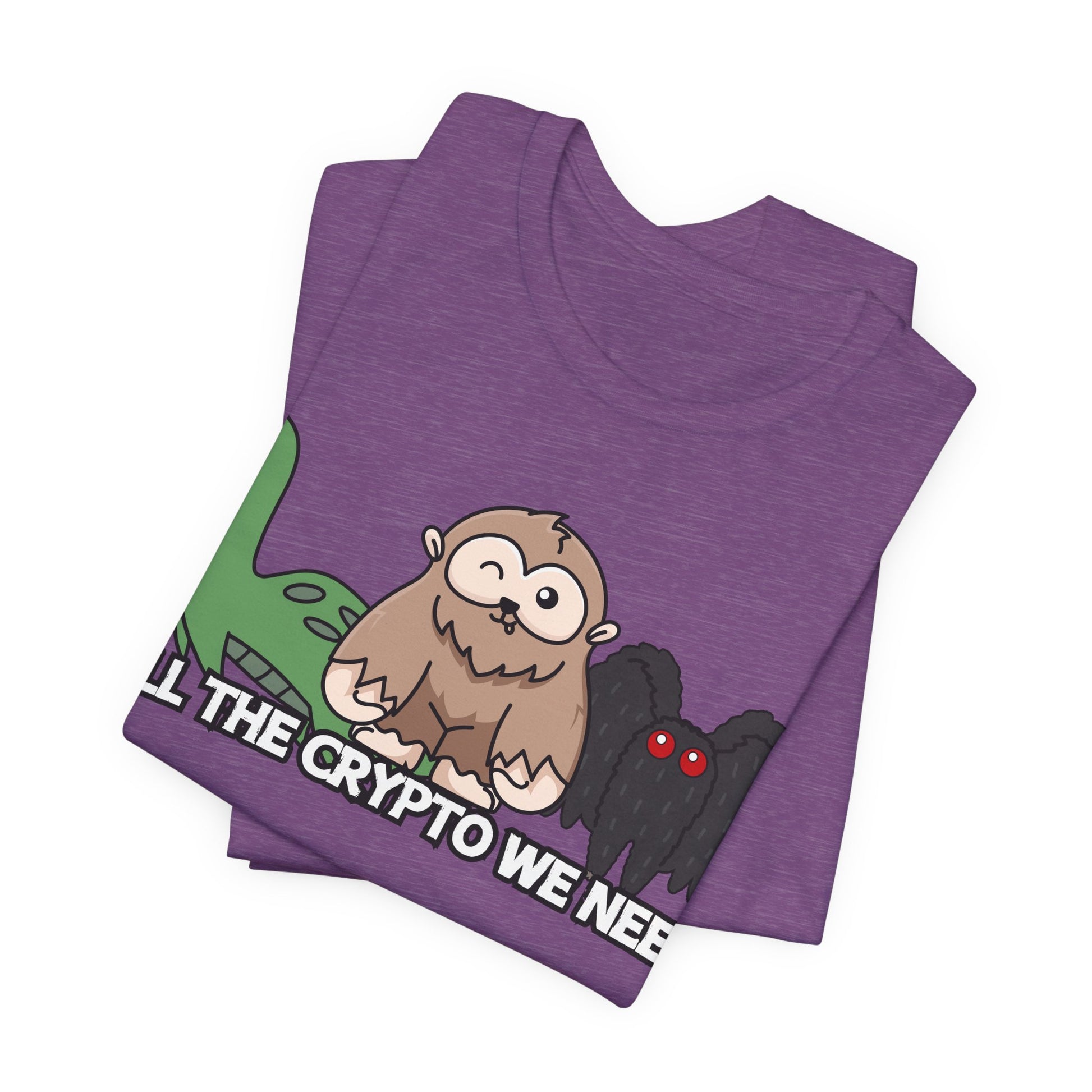 All the Crypto We Need T-Shirt in Heather Team Purple, Folded View - Cryptid Collection