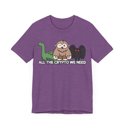 All the Crypto We Need T-Shirt in Heather Team Purple, Front View - Cryptid Collection