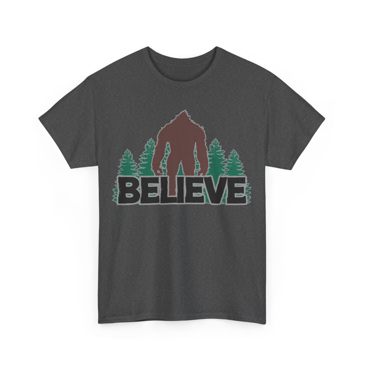 Believe T-Shirt in Dark Heather, Front View - Cryptid Collection