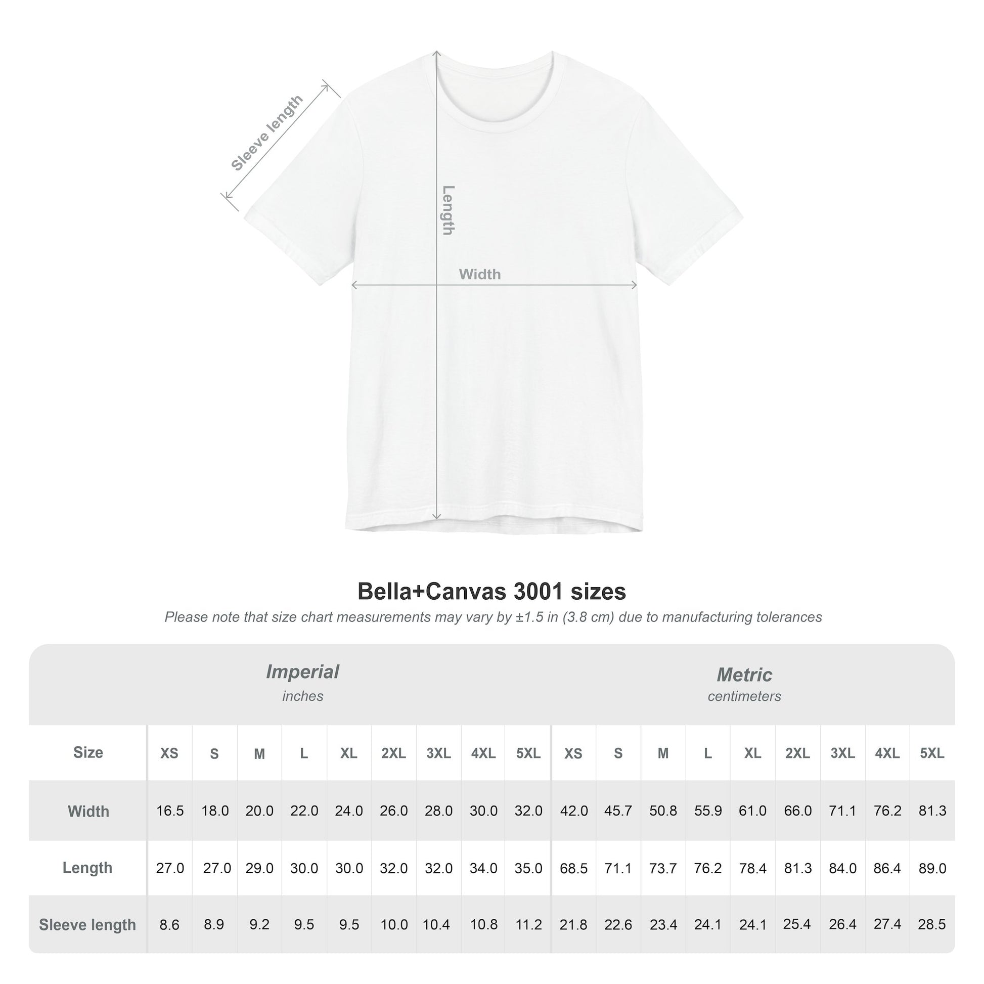 CryptidEx Bella+Canvas 3001 T-Shirt Sizing Chart