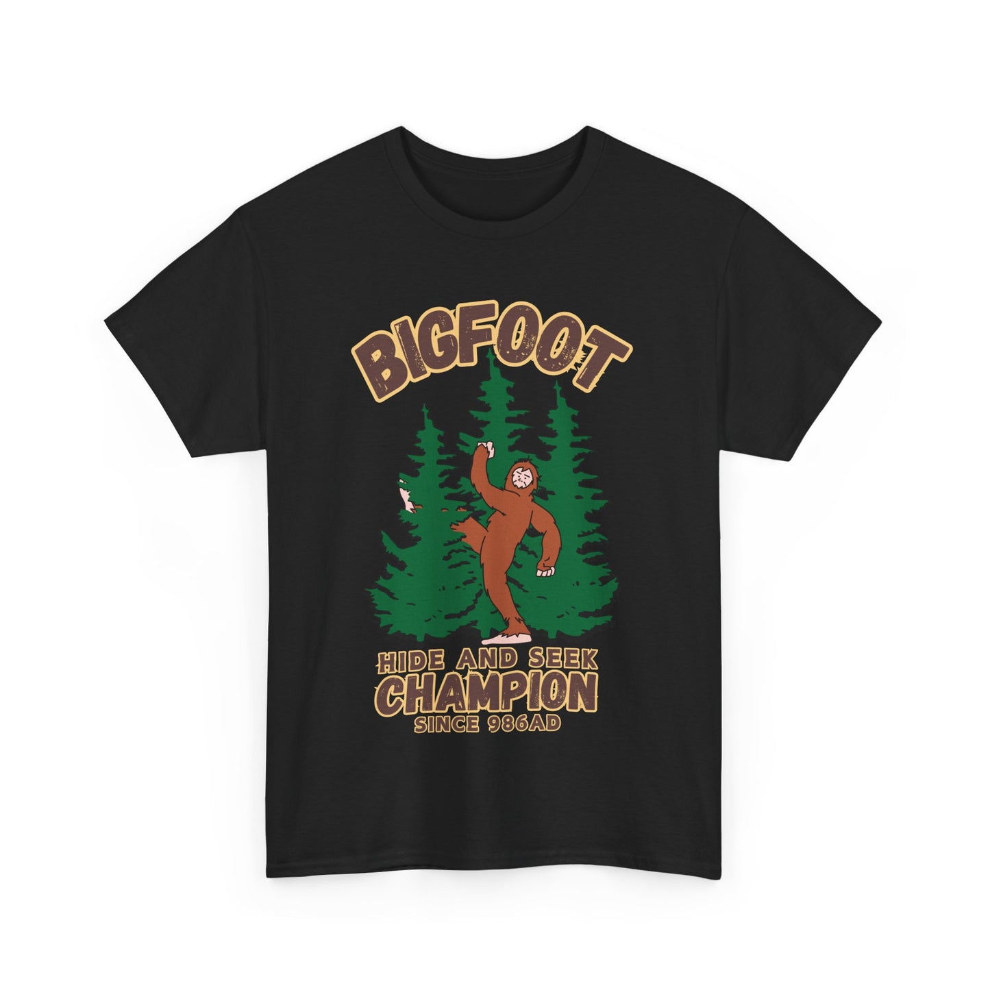 Bigfoot Hide and Seek Champ T-Shirt in Black, Front View - Cryptid Collection