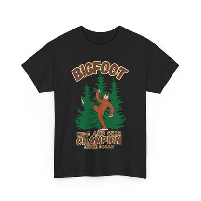 Bigfoot Hide and Seek Champ T-Shirt in Black, Front View - Cryptid Collection