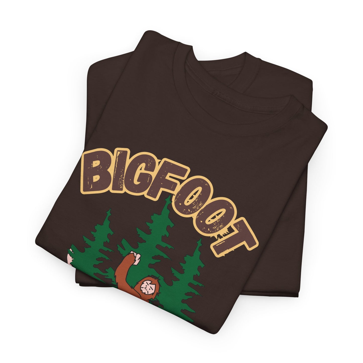 Bigfoot Hide and Seek Champ T-Shirt in Dark Chocolate, Folded View - Cryptid Collection