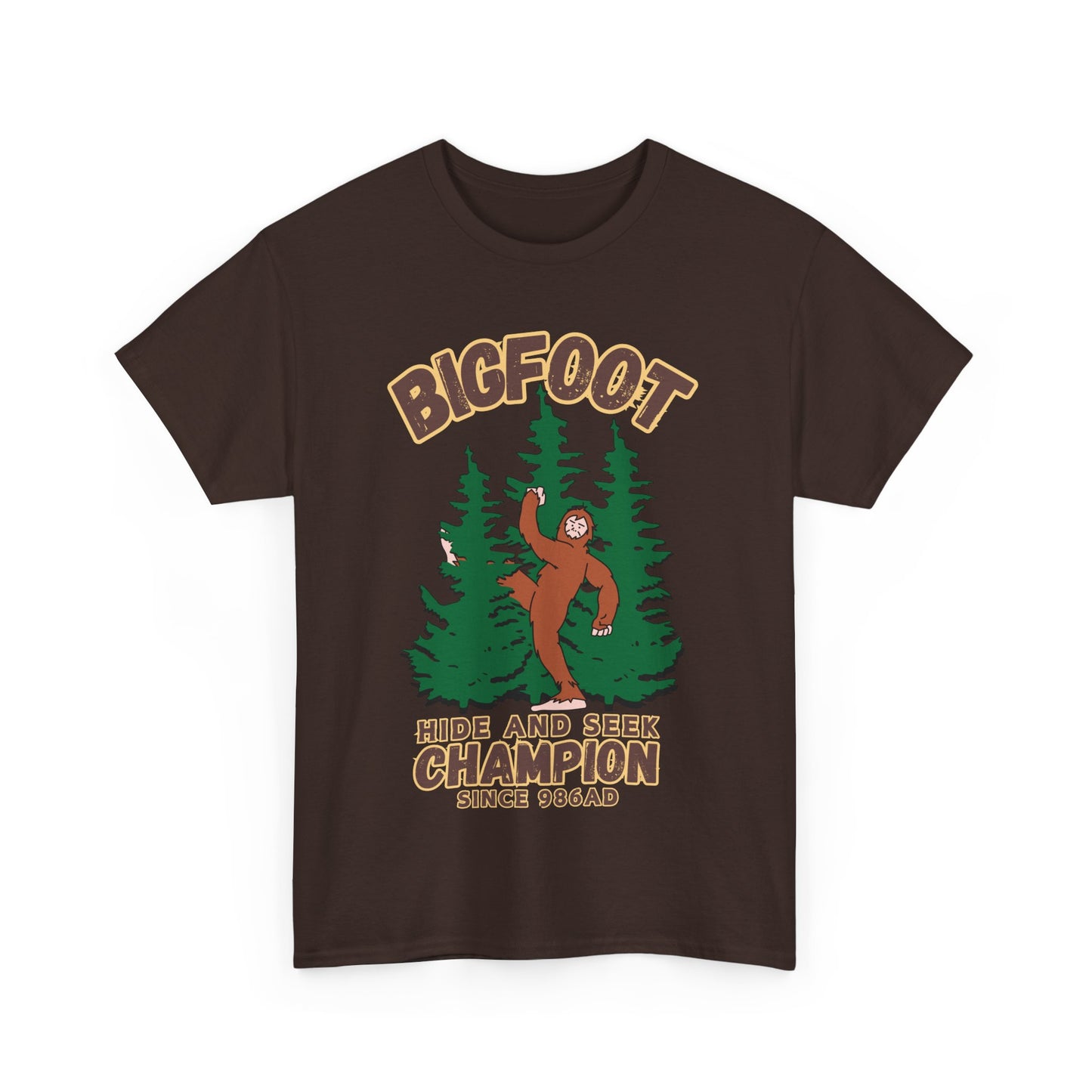 Bigfoot Hide and Seek Champ T-Shirt in Dark Chocolate, Front View - Cryptid Collection