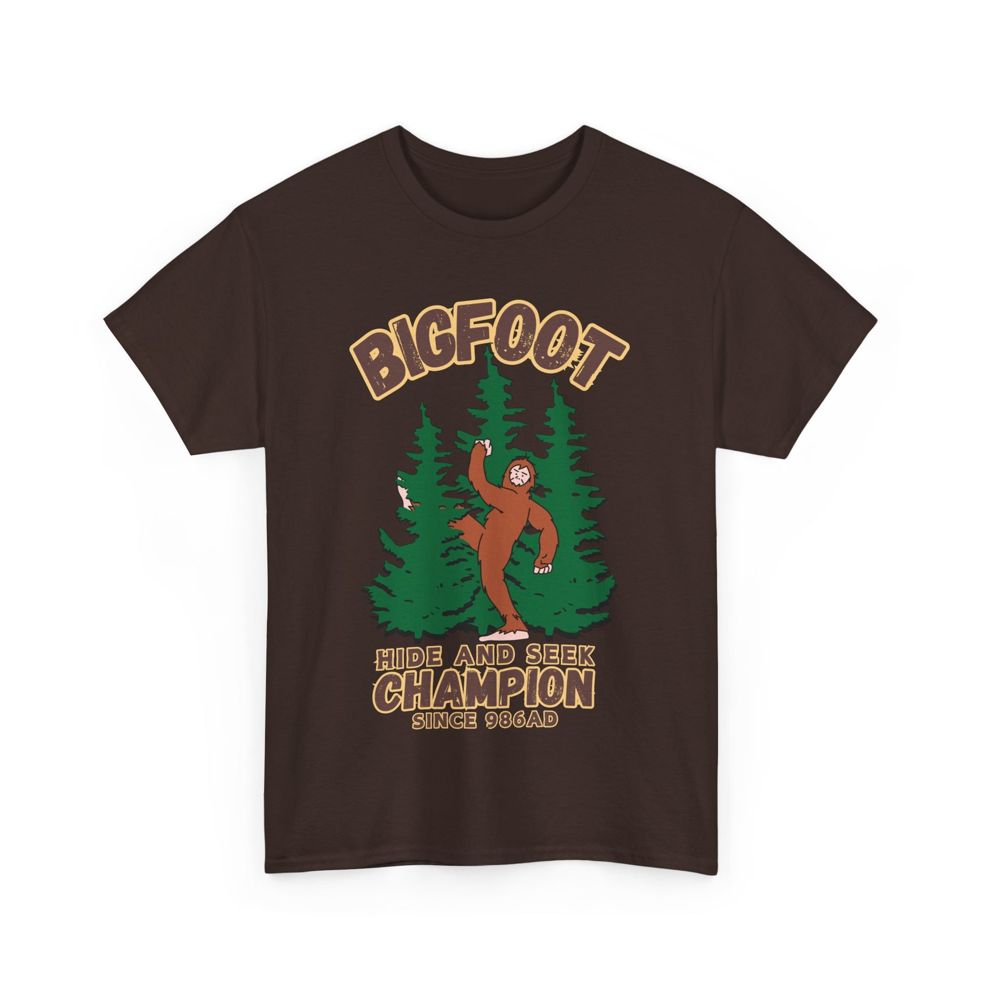 Bigfoot Hide and Seek Champ T-Shirt in Dark Chocolate, Front View - Cryptid Collection