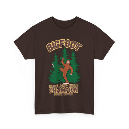Bigfoot Hide and Seek Champ T-Shirt in Dark Chocolate, Front View - Cryptid Collection