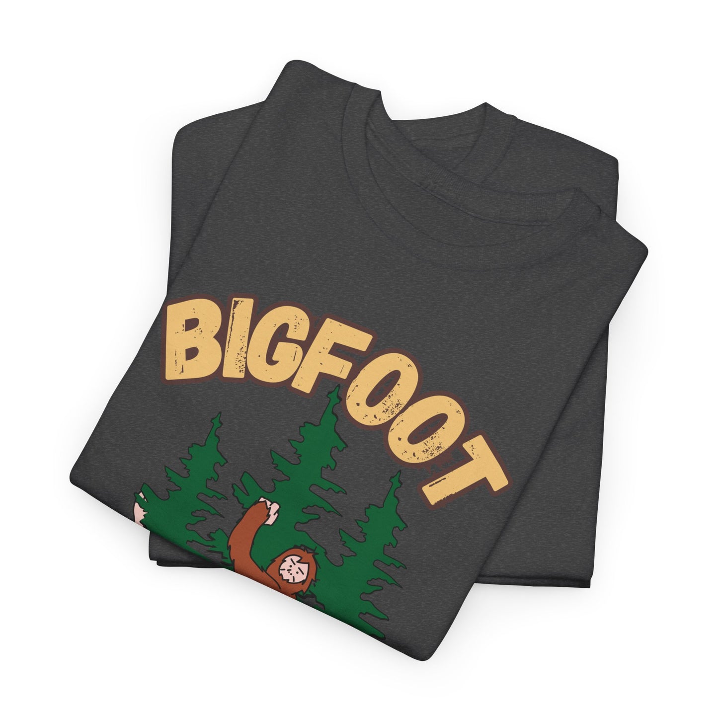 Bigfoot Hide and Seek Champ T-Shirt in Dark Heather, Folded View - Cryptid Collection