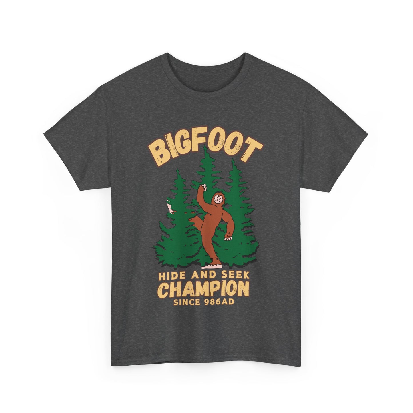 Bigfoot Hide and Seek Champ T-Shirt in Dark Heather, Front View - Cryptid Collection