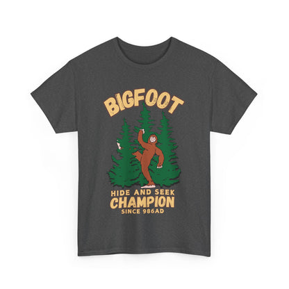 Bigfoot Hide and Seek Champ T-Shirt in Dark Heather, Front View - Cryptid Collection