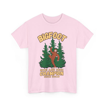 Bigfoot Hide and Seek Champ T-Shirt in Light Pink, Front View - Cryptid Collection