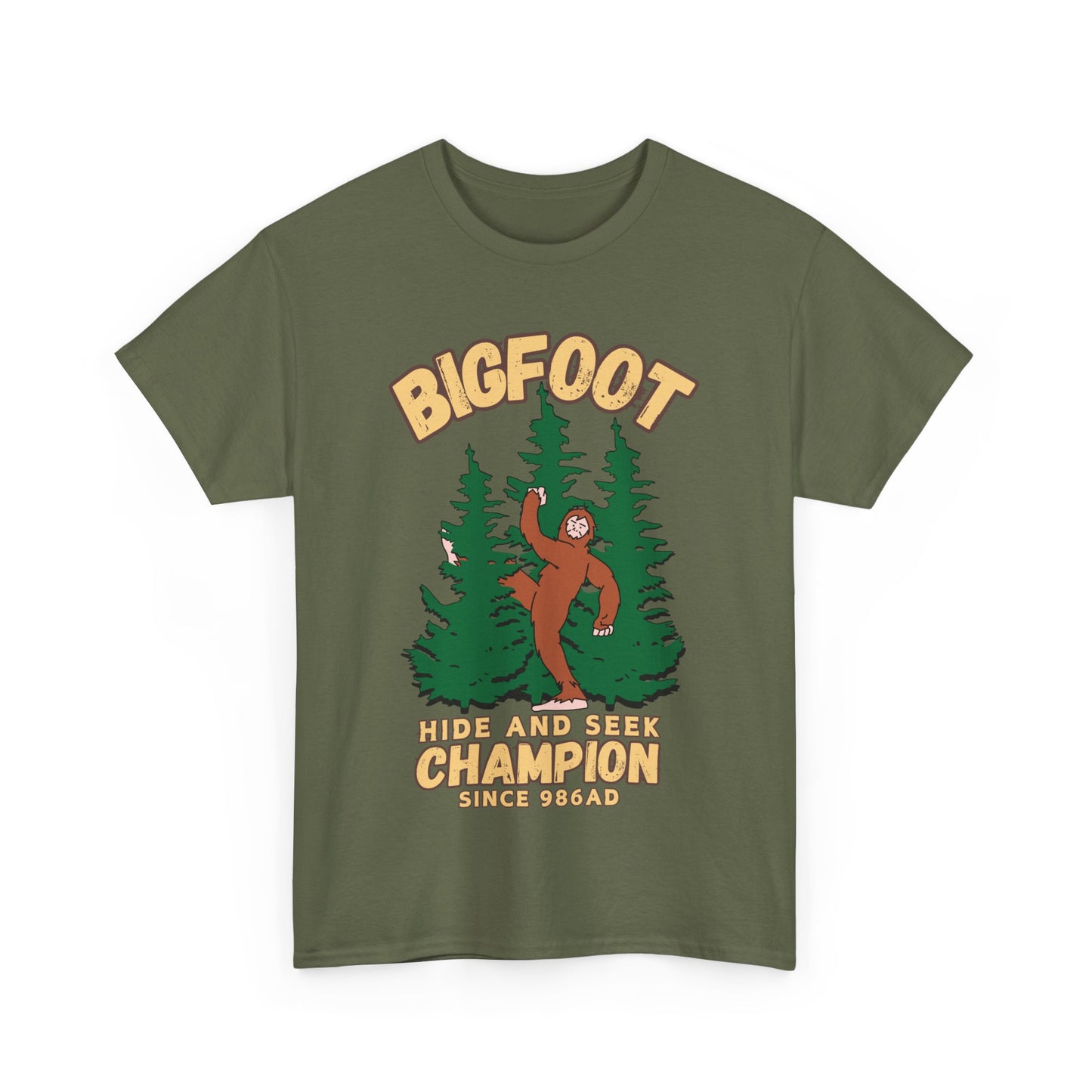 Bigfoot Hide and Seek Champ T-Shirt in Military Green, Front View - Cryptid Collection