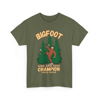 Bigfoot Hide and Seek Champ T-Shirt in Military Green, Front View - Cryptid Collection