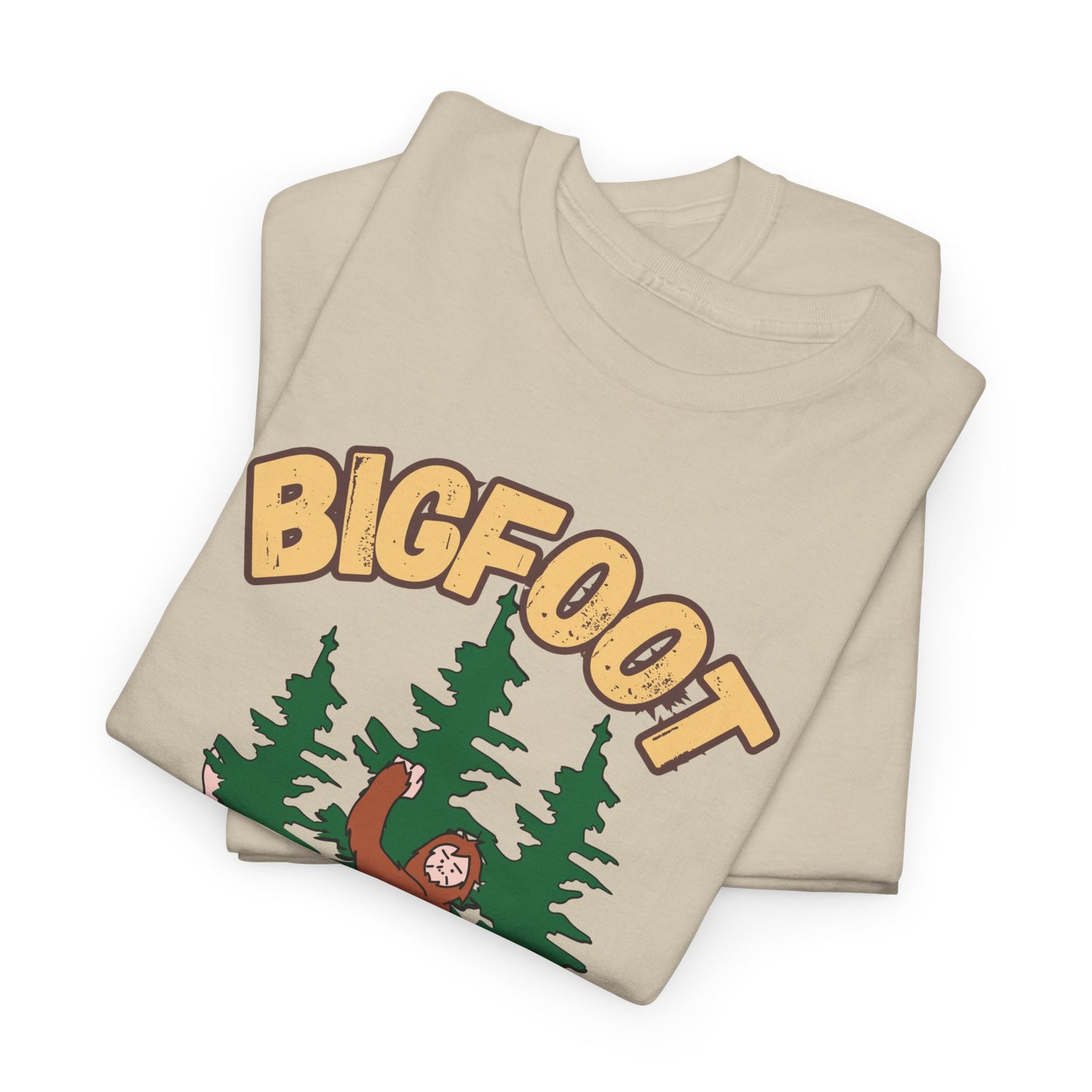 Bigfoot Hide and Seek Champ T-Shirt in Sand, Folded View - Cryptid Collection