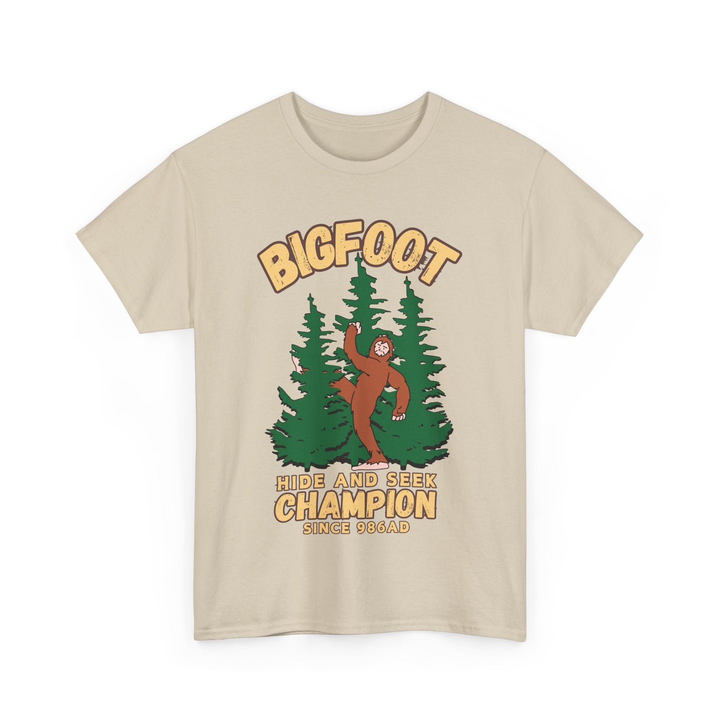 Bigfoot Hide and Seek Champ T-Shirt in Sand, Front View - Cryptid Collection