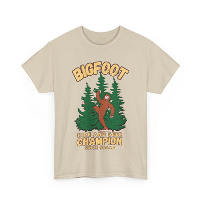Bigfoot Hide and Seek Champ T-Shirt in Sand, Front View - Cryptid Collection