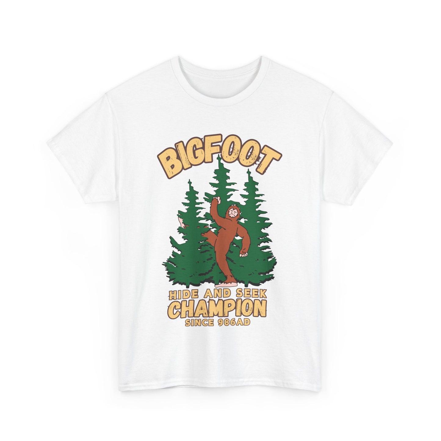 Bigfoot Hide and Seek Champ T-Shirt in White, Front View - Cryptid Collection