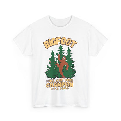 Bigfoot Hide and Seek Champ T-Shirt in White, Front View - Cryptid Collection